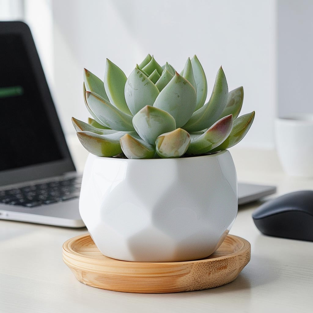 Vibt Modern Geometric Ceramic Planter Pot with Bamboo Saucer - Desktop Succulent Container