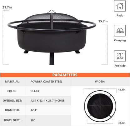 SUNCREAT 42” Patio Fire Pit Wood Burning with Mesh Spark Screen, Bonfire Outdoor firepit with Fireplace Poker, Black