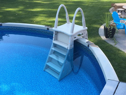 Confer Plastics 7200 Roll Guard 48" to 56" Adjustable A Frame Safety Ladder For Above Ground Outdoor Patio Swimming Pool Platform Ladder with Step Barrier, Warm Grey