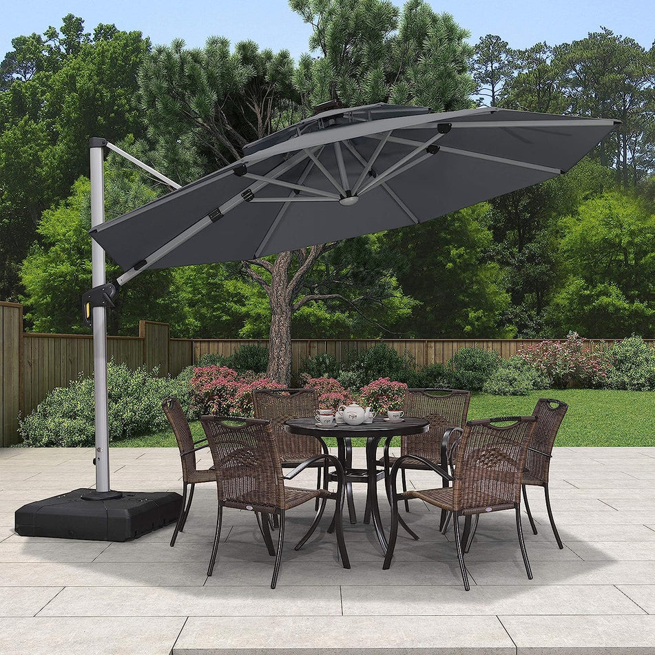 12ft Solar LED Patio Umbrella Outdoor Round Umbrella Large Cantilever Umbrella with LED Lights Windproof Bias Umbrella Heavy Duty Parasol for Garden Deck Pool Patio