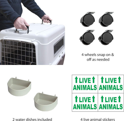 SportPet Designs Plastic Kennels Rolling Plastic Airline Approved Wire Door Travel Dog Crate, XXX-Large, Gray