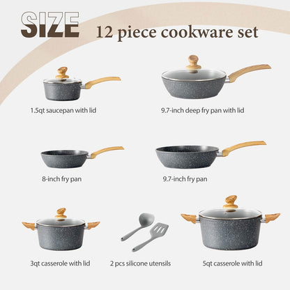 Kitchen Academy Induction Cookware Sets - 12 Piece Green Cooking Pan Set, Granite Nonstick Pots and Pans Set