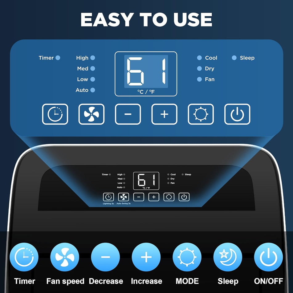Portable Air Conditioners with Remote Control, 3-in-1 Free Standing Cooling AC Unit with Fan & Dehumidifier, Cools Room up to 700 sq.ft, Smart/Sleep Mode,3 Speed,Auto Swing,24H Timer